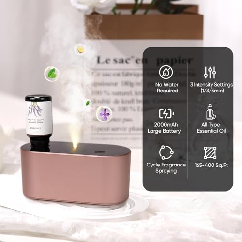 Image of Lecdura Waterless Diffuser for Essential Oil, Battery Operated Scent Air Aromatherapy Diffuser, Mini Aroma Diffusers with 3 Intermittent Mist Modes, Cycle Start for Home Office Bedroom - Rose Gold