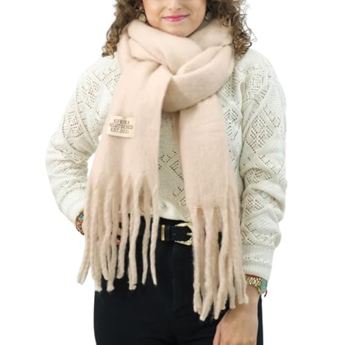 XIFRIKA Bufanda de Mujer para Invierno Tamaño XXL 248x39cm Lisa de Color Beige Claro. Bufanda Suave, Cálida, Extragrande. 100% Poliéster con Flecos para Uso Diario
