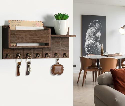Rustic Key Holder Wall Mount - 6 Metal Hooks & Shelf for Entryway Decor - Decorative Key Rack & Mail Organizer - Farmhouse Style for Living Room & Home Entry