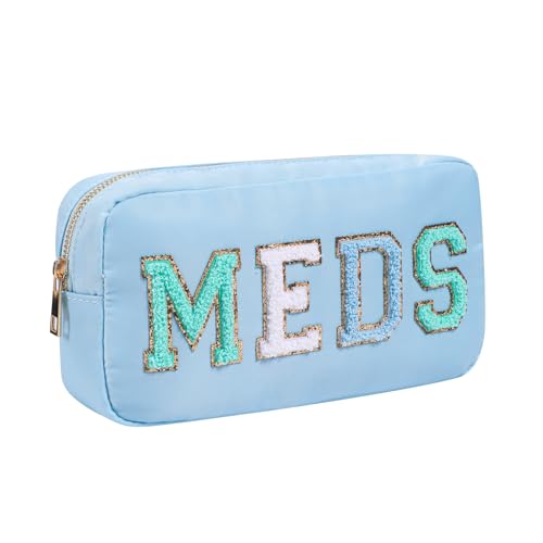 Personalized Chenille Letter Patch MEDS Bag,Cute Nylon Drug Medicine Travel Makeup Bag with Zipper, Preppy Vitamin Organizer Bag for Women and Girls (05Light Blue)