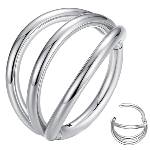 LOVEBODYJEWELRY 18G 8mm Silver Hinge Triple Hoop Nose Ring 316L Surgical Steel Segment Rings Seamless Hinged Cartilage Helix Rook Tragus Conch Clicker Ear Earring Piercing Lip Ring