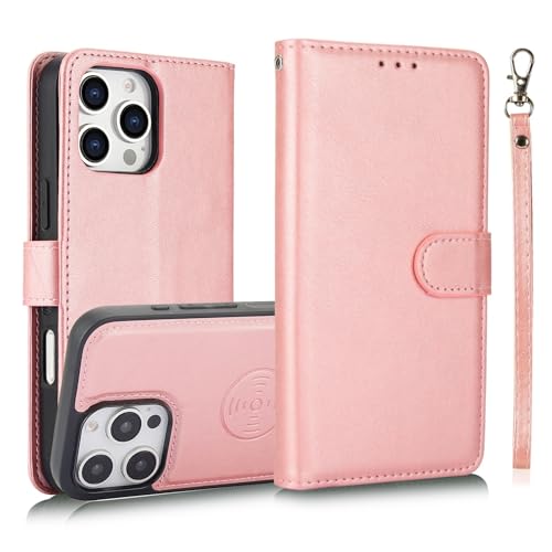 Étui en cuir pour iPhone 16 Pro Max avec rabat magnétique et fente carte rose