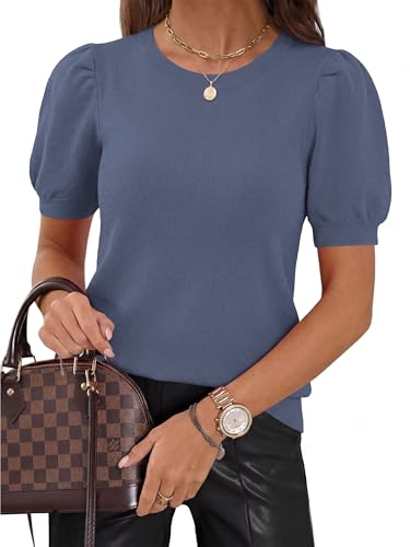 Image of PRETTYGARDEN Womens Sweaters Spring 2026 Summer Puff Short Sleeve Sweater Trendy Cute Knit Work Blouses Business Casual Tops