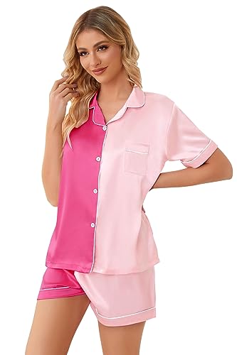 Image of Schbbbta Girls Womens Pajamas, Satin Silky Pjs Set Kids 2Pcs Button-Down Nightwear Sleepwear Gift for Mommy and me