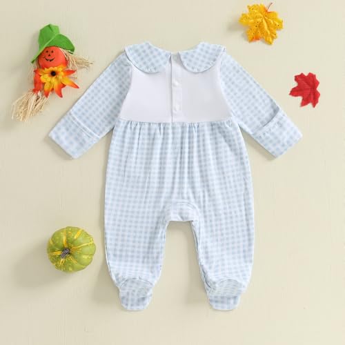 Seyurigaoka Baby Girl Halloween Footie Romper Doll Collar Pumpkin Gingham One Piece Jumpsuit Newborn Fall Outfits3