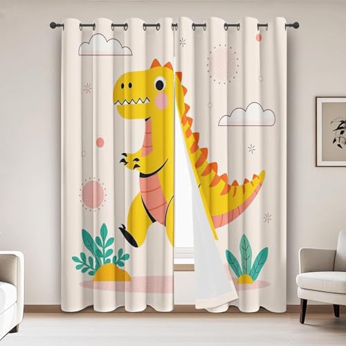 カーテン 遮光 恐竜 断熱カーテン 幅150cm×丈200cm 2枚組 かわいい漫画 1級遮光 厚手 断熱 防寒 防音 省エネ 小窓 ドレープカーテン UVカット 昼夜目隠し おしゃれ 洗える 子供部屋 寝室 リビング用