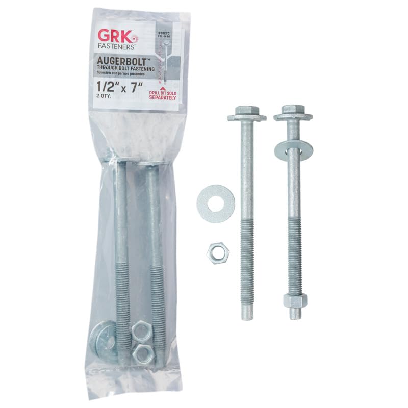 Image of GRK Fasteners AugerBolt Through Bolt Fastening System, 1 /2 inch x 7 inch Galvanized Heavy-Duty Carriage Bolts, Rust Resistant for Post-to-Beam Connections, 2 Bolts w /Hex Nuts, & Washers (excludes Drill bit)