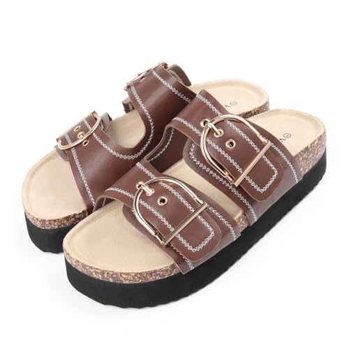Image of Chunky Platform Sandals for Women, Waterproof Non-Slip Rubber Sole, Adjustable Double Buckle, Arch Support Open Toe Slide Sandals, Comfortable Black Wedge Sandals for Women