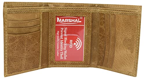 MARSHAL RFID Blocking Men's Genuine Leather Slim Trifold Credit Card ID Holder Tan Wallet for Men