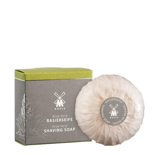 Image of MUHLE Aloe Vera Vegan Shaving Soap for Men, Classic Lather, Wet Shave, 65 g | Aloe Vera extract; dense creamy foam prepares beard hair for wet shaving, suited to all skin types, especially sensitive skin
