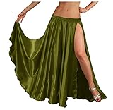 Indian Trendy 36' Long Women's Satin 2 Slit Full Skirt Belly Dance Gypsy Tribal 9 Yard Panel Jupe Flamenco Rock Olive Green