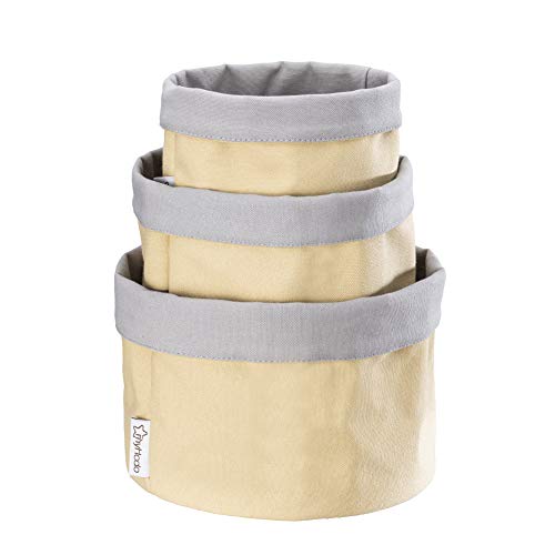 myHodo Juego de 3 cestas de almacenamiento de tela (varios tamaños), 100% algodón para baño, cocina y cambiador, caja plegable para cosméticos, pan, frutas y panecillos (amarillo)