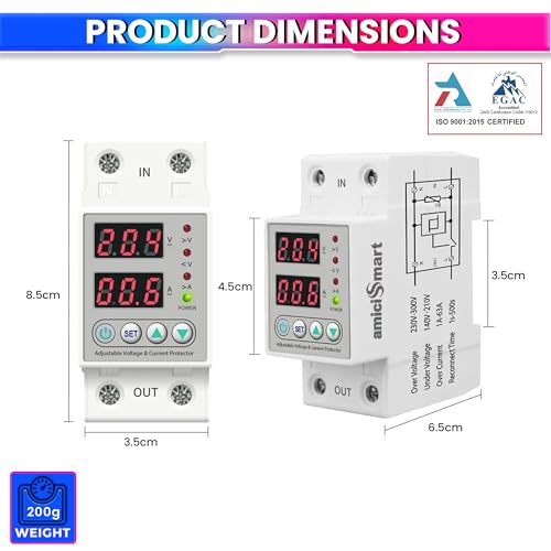 Image of amiciSmart Automatic Over /Under Voltage and Over Load Protection (Adjustable Setting) with Auto Re-Connect LED Display Standard Din-Rail Mounted Single Phase 220V, 63A (13.8kW)