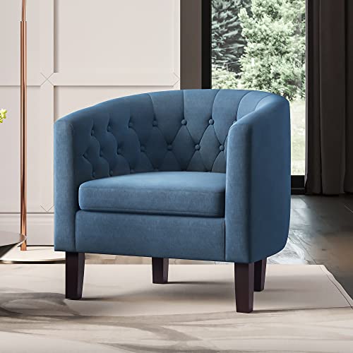 Image of BELLEZE Accent Barrel Arm Chair, Modern Comfy Upholstered Tufted Club Chair with Sturdy Legs and Linen Fabric for Bedroom Living Room - Navy Blue