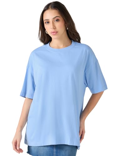 Image of Bewakoof Women's Solid Oversized Fit Half Sleeve Round Neck Cotton Jersey T-Shirt