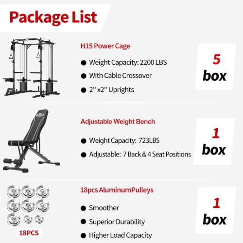 Image of JEEKEE Power Cage with 180LB Weight Stack & Cable Crossover, 2200LB Heavy Duty Power Rack with Dual Pulley System, LAT Pulldown Seat Cushion, 20+ Attachments for Home Gym