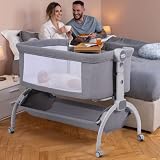Cowiewie Baby Bassinets with Universal Wheels with Brakes Co Sleeper Bassinet with Storage, Double-L