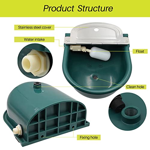 Junniu Automatic Livestock Waterer Water Bowl Trough Kits For Goat Horse Dog Pig Cattle Farm Supplies, With 2Pcs Float Valve, Brass Connector, Stainless Steel Cover, Hole At The Bottom, Green #TOP3