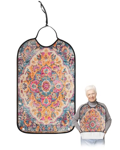 LEOKOTI Orange Blue Pink Adult Bibs for Eating, Waterproof Bibs with Food Catcher & Adjustable Snap Closure, Boho Middle Century Geometric Abstract Washable Clothing Protectors Adult Bibs for Elderly