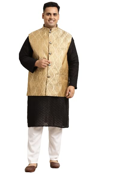Image of SOJANYA (Since 1958) Men's Silk Blend Dark Green Kurta & Silk Blend Nehrujacket With Off White Churidar Pyjama Set