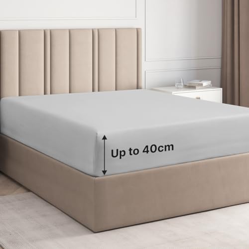 Sábana bajera ajustable doble de 135 x 190 cm, 100 % satén de algodón de 400 hilos, sábana bajera extraprofunda para colchones de hasta 40 cm, suave, transpirable, sin arrugas, certificado OEKO-TEX