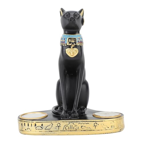 Egyptian Cat Candle Holder,Egyptian Cat Goddess Bastet Statue with 2 Tea Light Candle Holder Resin Egyptian Cat Candlestick Tealight Holder for Living Room Office