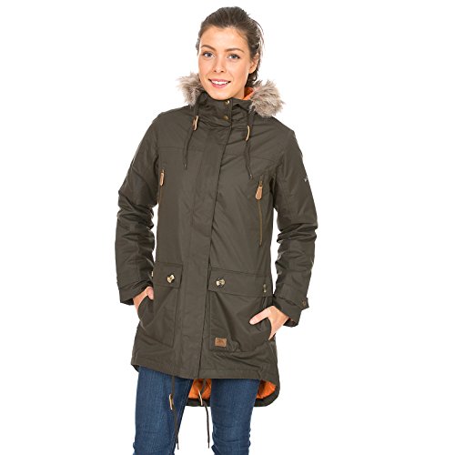 Trespass Clea, Dark Khaki, L, Waterproof Jacket with Concealable Hood for Women, Large, Green