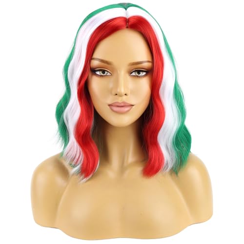 Image of BERON Women Christmas Wig Short Red White and Green Curly Wavy Wig Girls Side Part Heat Resistant Synthetic Wig for Cosplay Costume Daily Party