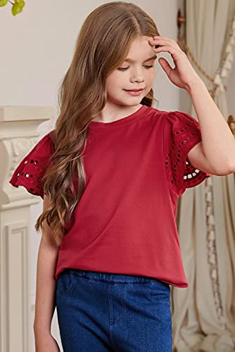 Image of blibean Girls Summer Short Sleeve Shirts Cotton Tops Size 4-15 Years Old | Kids Fashion Causal Solid Color Tee, Cute Ruffle Crewneck Basic Blouse, Flowy Clothes for Tween Teen Girl, Soft Breathable