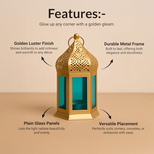 Image of MARKET 99 Metal & Glass Moroccan Lantern Candle Holder | Decorative Tealight Lantern for Home Decor, Living Room & Table | Valentine, Diwali, Wedding-Golden & Blue | (Use LED T-Light only)