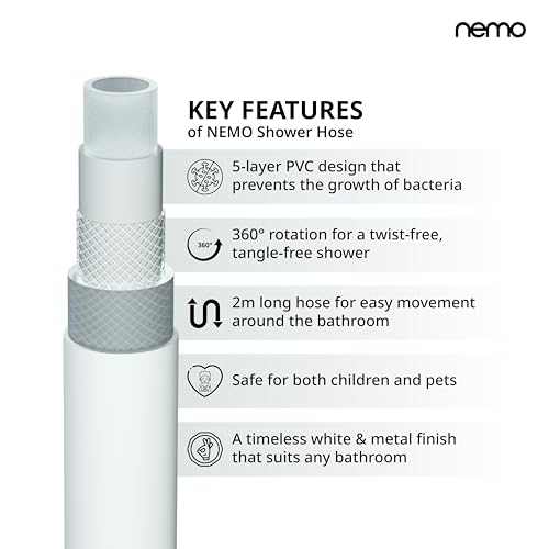 Image of NEMO Shower Hose | Made in South Korea | 2 Metre | Kink-Free | 360 Swivel | 5-layer antibacterial PVC for flexible, hygienic use, with a minimalist Korean white-metal design
