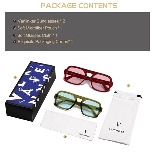 Image of VANLINKER Retro Square Aviator Sunglasses for Women Men 70s Vintage Style Trendy Flat Top Rectangle Sun Glasses VL9826