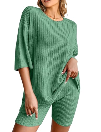 Syphiby Short Sleeve Pajamas for women 2 Piece Ribbed Pj Sets Shorts Knitted Outfits Sleep Night Lounge Summer Loose Fit Casual Homewear Activewear Clothes Green