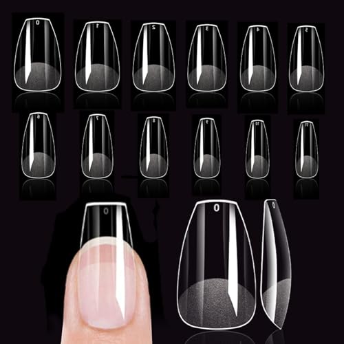 Short Coffin Nail Tips 288Pcs Soft Gel Pre Filed Acrylic Almond Fake Nails Gel Nail Tips for Extension Manicure Salon DIY at Home 12 Sizes