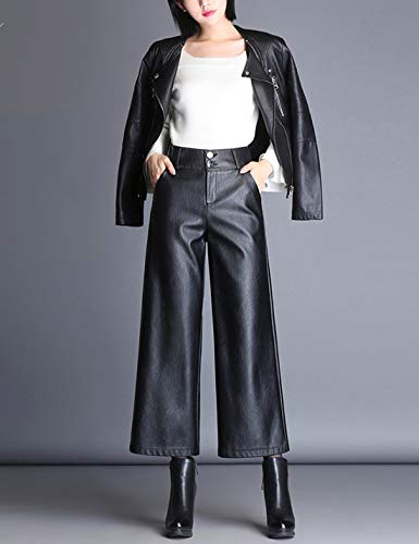 HaoMay Women's High Waist Wide Leg PU Faux Leather Cropped Pants Culottes3