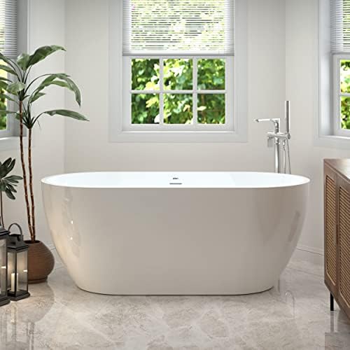FerdY Bali 59" Acrylic Freestanding Bathtub, Gracefully Shaped Freestanding Soaking Bathtub with Brushed Nickel Drain & Minimalist Linear Design Overflow, Glossy White, cUPC Certified