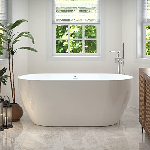 FerdY Bali 59" Acrylic Freestanding Bathtub, Gracefully Shaped Freestanding Soaking Bathtub with Brushed Nickel Drain & Minimalist Linear Design Overflow, Glossy White, cUPC Certified FerdY Bali 59" Acrylic Freestanding Bathtub, Gracefully Shaped Freestanding Soaking Bathtub with Brushed Nickel Drain & Minimalist Linear Design Overflow, Glossy White, cUPC Certified