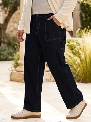 Image of Urbano Plus Men's Loose Mid Rise Baggy Fit Cargo Carpenter Jeans with 6 Pockets Non-Stretchable