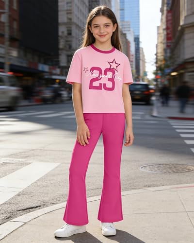 Image of Girls 2 Piece Outfit Colorblock Short Sleeve Graphic Tee & Flared Pants Casual Summer Clothes Set for Age 6-14