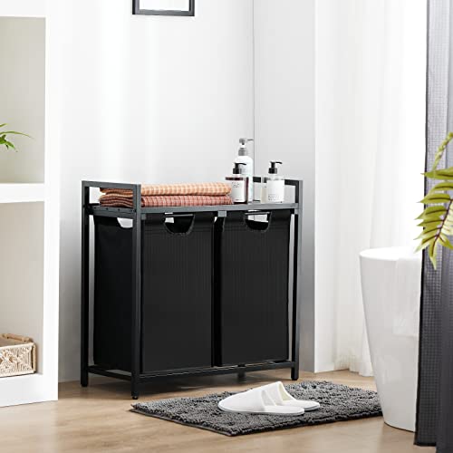 112L Double Laundry Hamper With Shelf By Techmilly, Dual Laundry Basket Organizer With 2 Pull-Out Bags, 2 Section Clothes Hamper For Laundry Room, Bathroom, Oxford Fabric, Metal Frame #TOP7