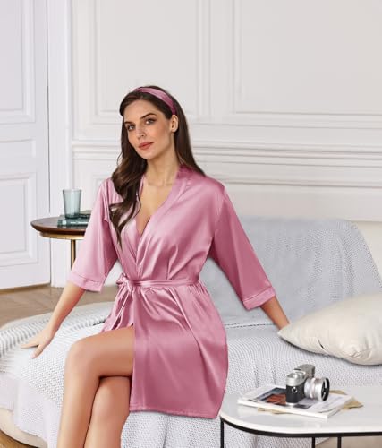 Image of WJing Yi Jia 2Pcs Womens Floral Kimono Robe Silk Robes Bride Bridesmaid Satin Robes Bridal Dressing Gown Silky Bathrobe