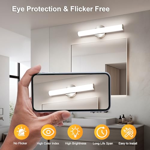 Image of OOWOLF 4 Pack LED Vanity Light Bar for Bathroom, Dimmable Bathroom Light Fixtures 17.3inch 12W 1200LM Over Mirror Lighting Fixture Wall Sconce Modern Vanity Lighting 4000K Brushed Nickel