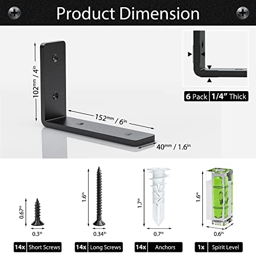 Wildnut Heavy Duty Shelf Brackets 6"X 4", Quarter Inch (1/4") Thick Floating Shelf Brackets 6 Pack, Diy Wall Mounted Rustic Industrial Shelf Brackets With Modern Iron Finish #TOP3