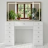 Boahaus Amelia Vanity Desk with LED Mirror – Complete Makeup Station with 11 Drawers, Integrated Power & Built-in Speakers