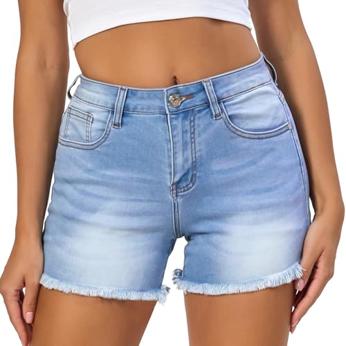 Image of VIPONES Women Mid Rise Jeans Shorts Frayed Raw Hem Summer Stretchy Casual Denim Shorts
