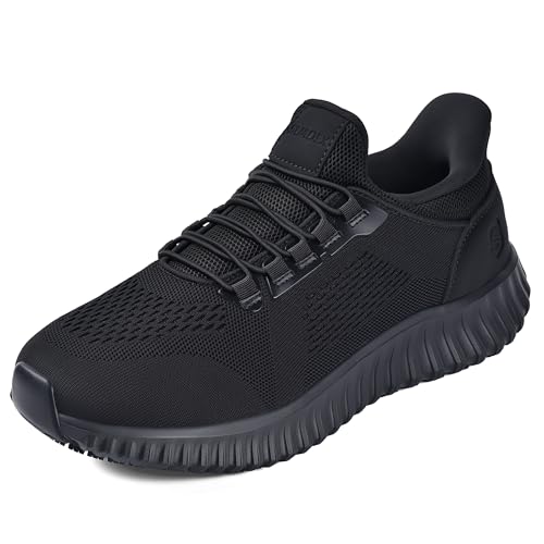 Image of SUADEX Mens Non Slip Work Shoes,Arch Support Waterproof Food Service Shoes,Slip On Chef Kitchen Restaurant Resistant Sneakers,Black Zapatos Trabajo