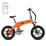 Mukkpet XL Plus 1500W Peak Electric Bike for Adults, 28MPH 65Miles Ebike, Hydraulic Brake & 8-Speeds & Air Suspension Folding Ebike 20' X 4.0 Fat Tire Adults Electric Bike App Control. (Orange)