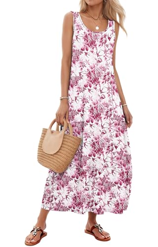 Image of WNEEDU Women's Boho Scoop Neck Sleeveless Summer Maxi Dress with Pockets | Soft Breathable Fabric,Casual Beach Vacation Sundresses for Hawaiian,Graduate Travel,Swing Loose Tank Long Dress,Daily Wear
