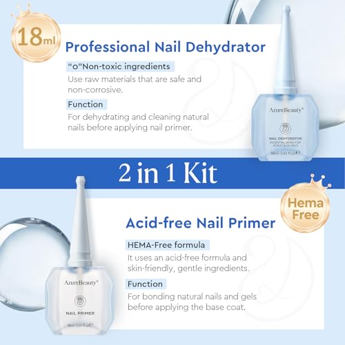 Image of AZUREBEAUTY 18ml Nail Dehydrator and Primer, Acid-Free Nail Prep Kit | Hema-Free No Lifting Bond for Gel Polish & Acrylic, Quick Dry Professional Natural Nail Primer for Long Lasting Manicure
