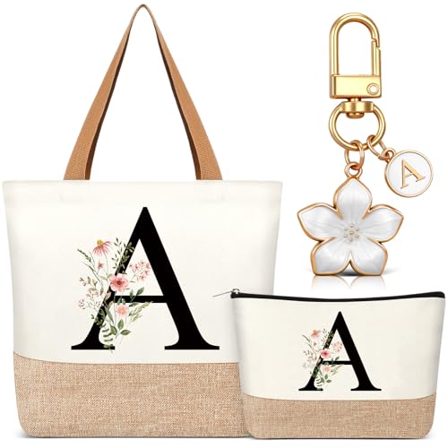 Hestya Set 3 Regalos para Mujer Bolso Tote Personalizado con Inicial Bolsa de Compras de Lona Neceser con Alfabeto Bolso de Maquillaje Llavero con Letra para Amiga Colega Cumpleaños Boda (Beige, A)